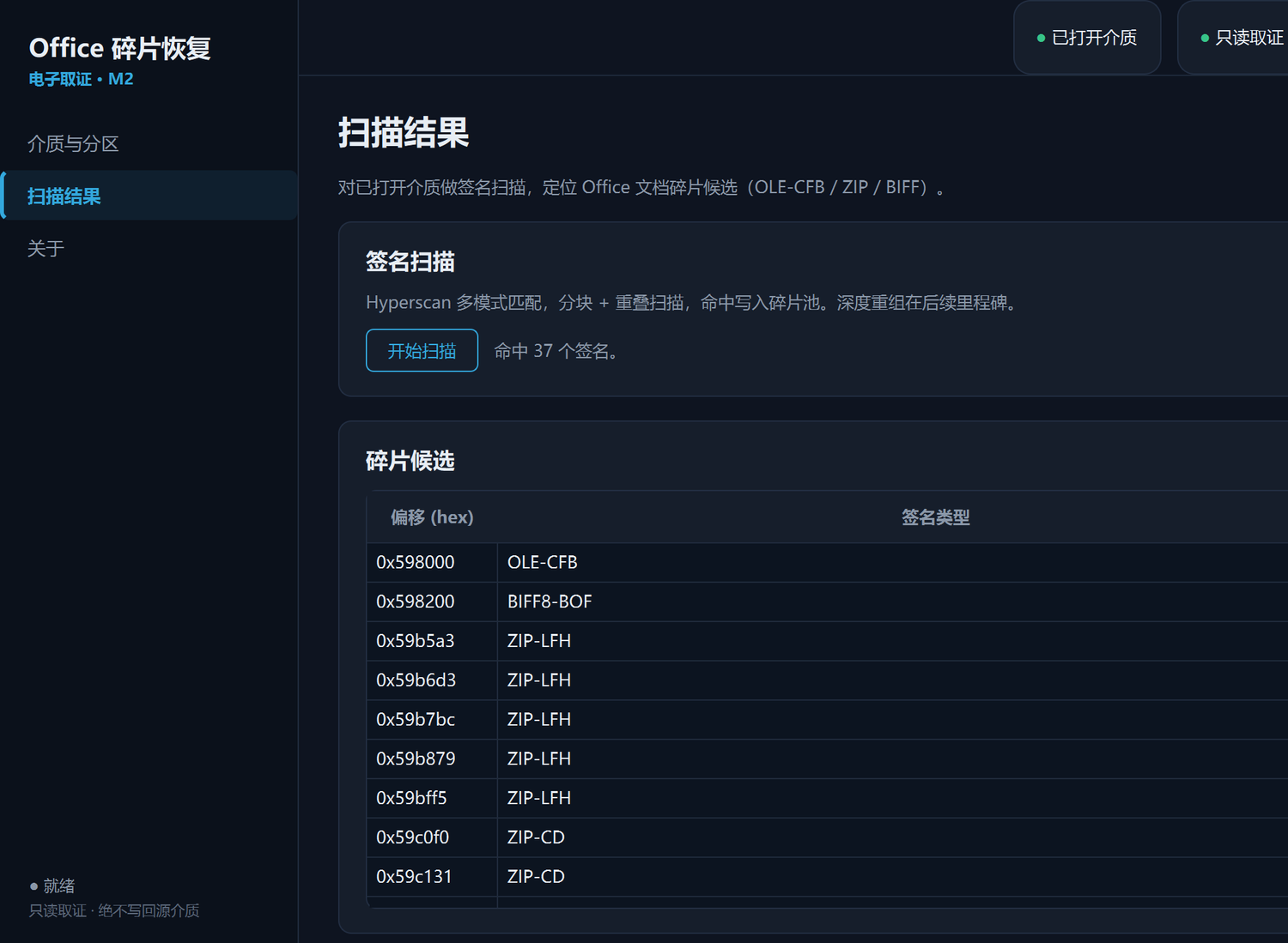 签名扫描界面:命中 OLE-CFB / ZIP / BIFF 碎片候选